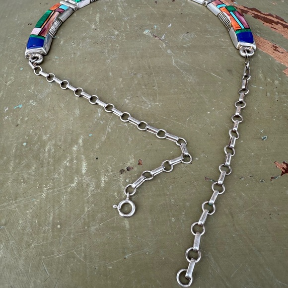 Frank Yellowhorse Rare vintage Navajo sterling mosaic necklace with turquoise - Picture 8 of 8